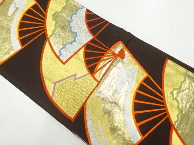 JAPANESE KIMONO / ANTIQUE FUKURO OBI / SILK / WOVEN FOLDING FAN PATTERN